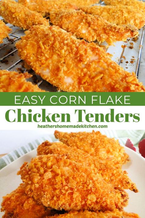 Corn Flake Chicken Tenders are oven baked and turn out crispy and delicious every time. The perfect go to dinner that kids and adults will both enjoy! Corn Flake Chicken Tenders, Corn Flake Chicken, Chicken Tender Recipes Baked, Cornflake Recipes, Oven Baked Corn, Air Fried Chicken Tenders, Cornflake Chicken, Baked Chicken Strips, Flake Recipes