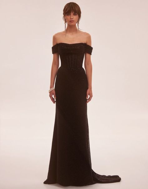 Milla Nova | This elegant mermaid evening gown crafted in sequin featuring a semi-sheer corset bodice with draped bust and long sleeves. Night Dress Long Elegant, Black Long Sleeve Evening Gown, Somali Wedding, Milla Dresses, Black Corset Dress, Milla Nova, Black Evening Gown, Mermaid Evening Gown, Elegant Black Dress