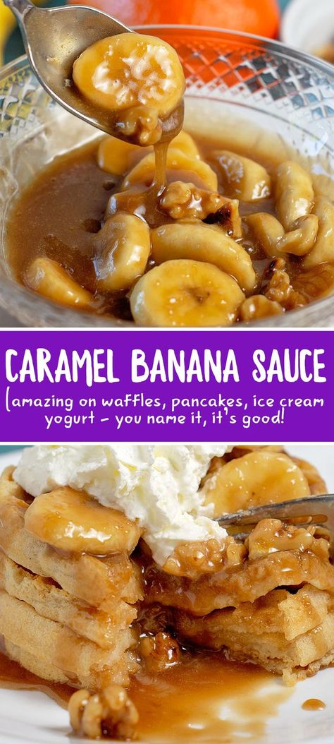 Banana Sauce Recipe, Caramel Pancakes, Banana Sauce, Pancakes Yogurt, Puding Pisang, Recipe Pancakes, Caramel Waffles, Banana Waffles, Waffle Maker Recipes