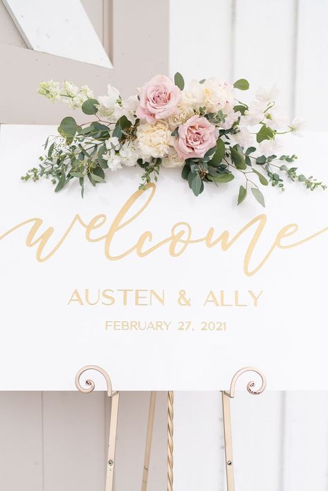 Blush Pink Farmhouse Wedding, Welcome Sign Wedding Pink, Blush Pink And Sage Green Wedding Arch, Sage Pink And White Wedding, Welcome Table Floral Arrangement, Blush Tones Wedding, Green White Blush Wedding, Pink Wedding Ceremony Decor, Blush Pink And Cream Wedding