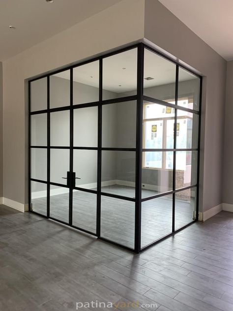 Glass Enclosed Bedroom, Folded Glass Door, Glass Wall And Door Office, Metal Doors Design Indoor, Glass Panels Wall Interiors, Small Home Office Glass Door, Glass Room In House, Glass Office Home, Plexiglass Wall Divider