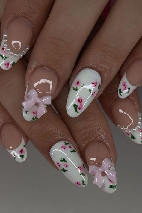 Acrylic Almond Nails for Spring Cute Simple Back To School Nails Designs, Dainty Girly Nails, Nails Design Funky, Nail Ideas Flowers Floral Design, Spring Nail Sets Almond, Almond Nails Acrylic Design, Cool Nail Inspo Spring, Vintage Style Nails, Cocette Nail Ideas