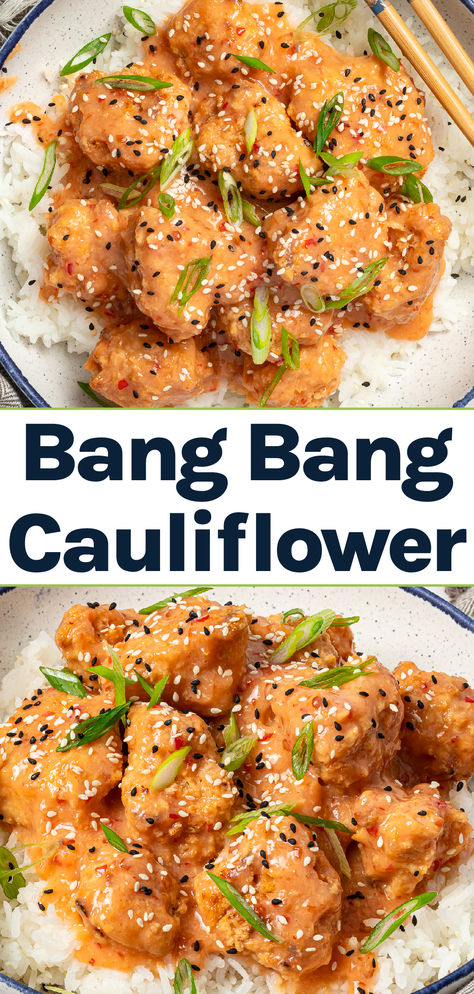 Vegan Bang Bang Cauliflower Wings on a bed of rice. Easy Vegan Chinese Recipes, Easy Cheap Vegan Recipes, Easy Oven Meals Vegetarian, Easy Vegan Gluten Free Dinner, Vegitaren Recipes Fast, Carb Free Vegetarian Recipes, Bang Bang Cauliflower Air Fryer, Vegan Potato Dishes, Natural Dinner Recipes