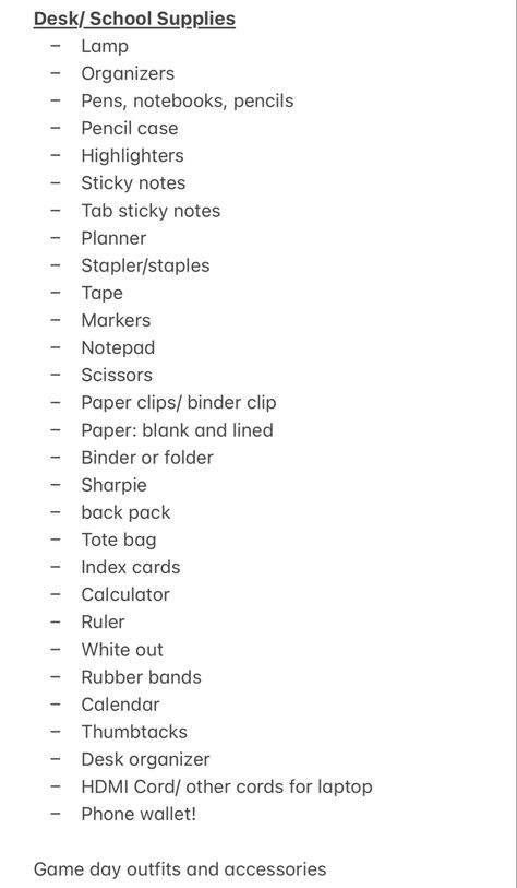 College packing list I made College Desk Essentials, University Packing List, College Dorm List, College School Supplies List, Dorm List, College Packing List, Dorm Packing, College Desk, Back To University