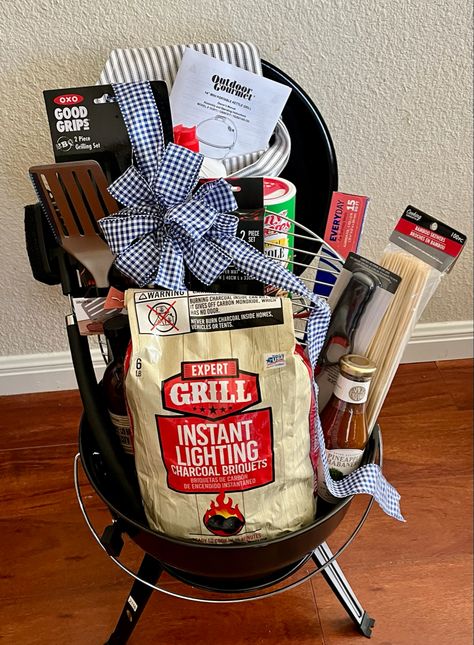 Grillin And Chillin Gift Basket, Grilling Themed Gift Baskets, Cooler Wedding Gift Basket, Bucket Raffle Basket Ideas, Golf Donation Basket, Bbq Grill Gift Basket Ideas, Grill Auction Basket Ideas, Barbecue Basket Ideas, Cooler Auction Basket