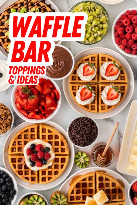 Tired of your typical butter and syrup waffle routine? Here are 10 easy (and mostly kid-friendly!) waffle toppings to help you take that homemade brunch up a couple notches! Because who said you had to get out of your pajamas to enjoy a majestic waffle bar, anyways? Waffle Wednesday Ideas, Mini Waffle Bar, Waffle Toppings Bar, Potluck Bars, Waffle Bar Ideas Brunch Party, Waffle Bar Toppings, Waffle Bar Brunch, Waffle Bar Ideas, Diy Waffle Bar