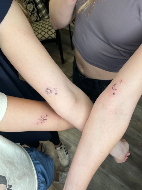 My Moon And Stars Tattoo, Family Moon Tattoos, Sun Moon Star Sister Tattoos, Sun Moon Stars Friendship Tattoo, Tattoo Ideas Sun Moon And Stars, The Sun The Moon The Stars Tattoo, Sun Moon Star Friend Tattoo, Sun Moon And Stars Sister Tattoo, Sister Star Tattoos