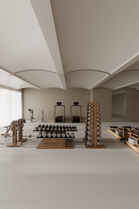 Home Gym Luxury Design, Home Gym No Windows, Luxury Meditation Room, Gym At Home Design, Hotel Gym Design, Gym Ceiling, Wellness Center Design, Gym Lounge, Wellness Experience