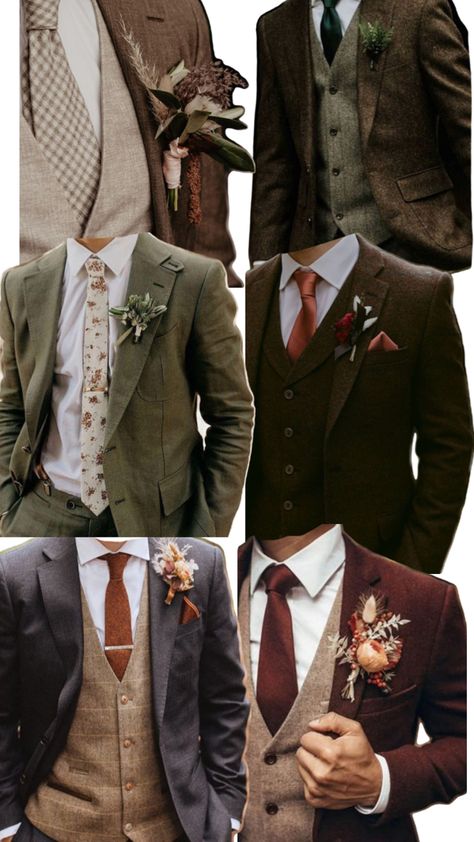 Dark Green And Brown Groomsmen, Brown Suit Green Tie Wedding, Woodland Wedding Mens Attire, Rustic Wedding Tux Groom Attire, Woodland Groomsmen Attire, Groomsmen In Different Suits, Forest Wedding Groomsmen Attire, Green Suit Brown Vest, Hobbit Wedding Attire