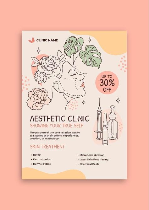 Hand-drawn Linear Aesthetic Clinic & Beauty Salon Flyer Aesthetic Flyer Design, Spa Flyer Design, Aesthetic Flyer, Linear Aesthetic, Services Poster, Beauty Salon Flyer, Clinic Beauty, Spa Flyer, Herbal Skin Care