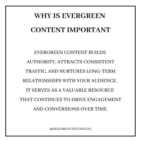 Evergreen content is the cornerstone of a successful content strategy. Unlike trendy posts that fade with time, evergreen content stays relevant and valuable for months-even years- after it's published. It's content that your audience can continually come back to, driving consistent traffic, leads, and engagement. Why is Evergreen Content Important? - Timeless Value: It provides long-term value to your audience by addressing topics that are always in demand. - SEO Benefits: Well-optimize... Evergreen Content, Long Term Relationship, Content Strategy, Social Media Strategies, Come Back, Content Marketing, Benefits, Social Media, Marketing