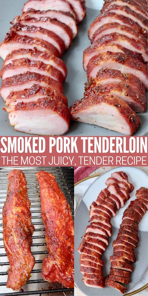 Create the most amazing, melt-in-your-mouth Smoked Pork Tenderloin with this simple recipe! This is seriously the best pork tenderloin you've ever had! It starts with an overnight brine that tenderizes the meat, then it's coated in a flavorful bbq rub and finished on the smoker with either bbq sauce or pepper jelly for an amazing flavor. This juicy, tender pork recipe is one that you'll want to toss on your smoker again and again! Weston Indoor Smoker Recipes, Smoker Pork Loin, Smoker Pork Tenderloin, Bbq Pork Tenderloin Recipes, Pork Tenderloin Smoked, Pork Tenderloin Bbq, Smoker Recipes Pellet, Smoked Tenderloin, Healthy Smoker Recipes