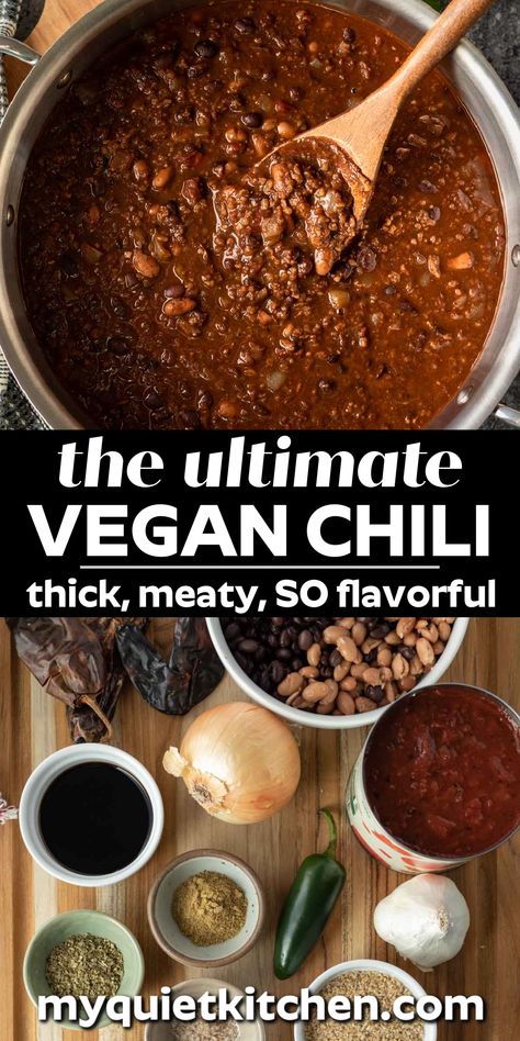 Vegan No Bean Chili, Chilli Recipe Vegan, Walnut Chili Vegan, Tempeh Chili Vegan, Plant Based Chilli Recipes, Vegan Chili Beans, Vegan Bean Chili Recipe, Black Bean Chili Vegan, Award Winning Vegetarian Chili