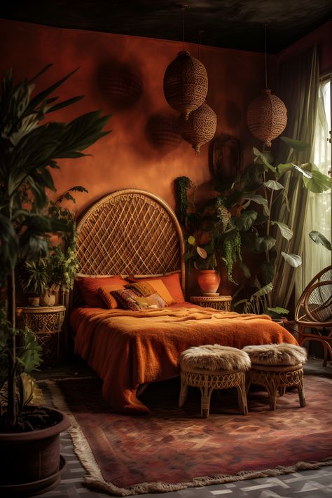 a boho quirky orange room. lots of plants, a knitted orange blanket with a woven style bed. 2 fur seats at the end and a red retro carpet. Orange Eclectic Bedroom, Funky Bedroom Decor Bohemian, Sultry Boho Bedroom, Bedroom Decor Artistic, Colorful Eccentric Decor, Cozy Quirky Bedroom, Boho Bedroom Orange And Green, Antique Earthy Bedroom, Unique Cozy Home