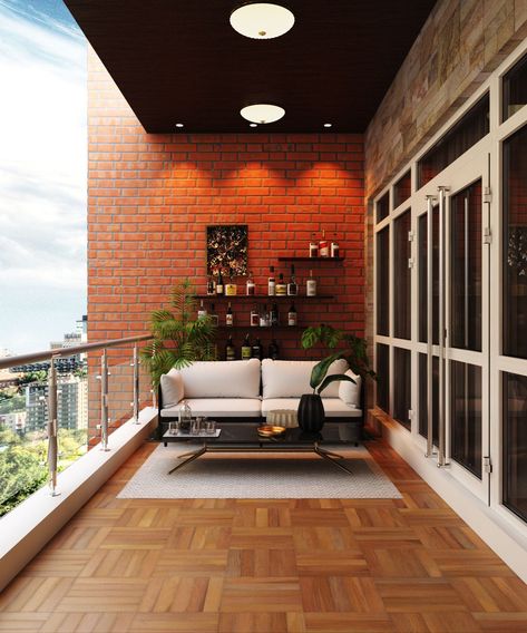 Terrace Wall Design Ideas, Brick Wall Balcony Ideas, Open Terrace Tiles Floors, Balcony Brick Wall Design, Balcony Wall Tiles Ideas Apartment, Brick Balcony Ideas, Tiles For Balcony Walls, Wooden Balcony Ideas, Balcony Wooden Flooring