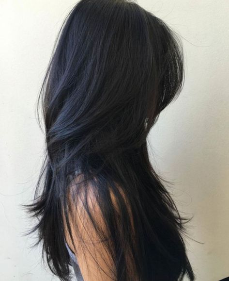 Long Black Layered Hairstyle Black Hair Layers, Cute Layered Hairstyles, Cuts For Long Hair, Straight Layered Hair, Layered Hairstyles, Long Layered Haircuts, Makijaż Smokey Eye, Long Black Hair, Long Layered Hair