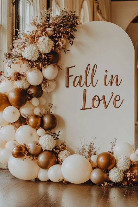 Boho Fall Wedding Shower Decorations, Neutral Fall Bridal Shower Decor, Pumpkin Bachelorette Party, Fall Engagement Decor, Fall Wedding Balloon Arch, Engagement Party Fall Theme, Bridal Shower Ideas For Fall, Bridal Shower Themes October, Engagement Party Ideas Themes Fall