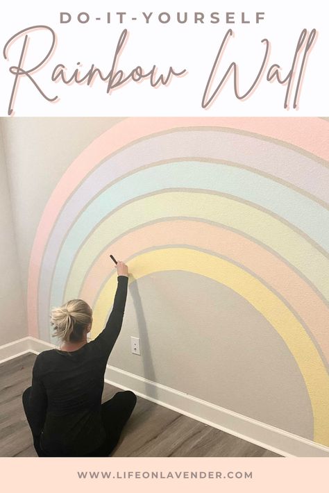 Paint Your Own Wall Mural, Diy Wall Rainbow, Boho Rainbow Accent Wall, Diy Boho Rainbow Wall Mural, Diy Rainbow Paint Wall, Diy Sunset Wall, Wall Decor For Playroom, Rainbow Wall Design, Nursery Rainbow Wall