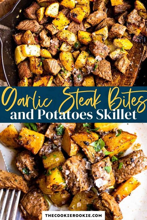 Steak and Potatoes Recipe - The Cookie Rookie® Skillet Steak And Potatoes, Steak Bites And Potatoes, Tender Flank Steak, Easy Steak Marinade, Garlic Butter Steak And Potatoes, Butter Steak And Potatoes, Steak Marinade Easy, Skillet Steak, Garlic Steak