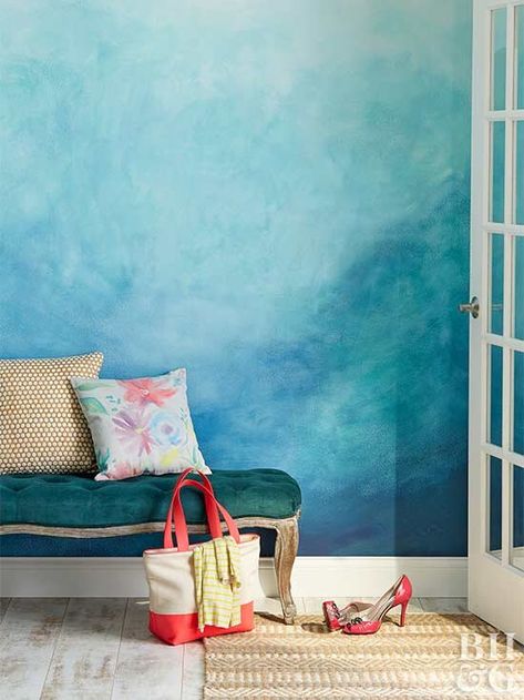 decorative painting blue wall Creative Wall Painting, Blue Accent Walls, Painted Wood Walls, Ombre Wall, Diy Wand, Creative Bedroom, Accent Wall Bedroom, Wall Paint Designs, Painted Wall