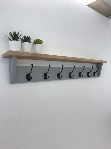 Farrow And Ball Grey, Coat Hook Ideas, Hallway Accessories, Fishing Cabinet, Entryway Organizer Shelf, White Coat Rack, Hook Ideas, Entryway Coat Hooks, Kinemaster Template