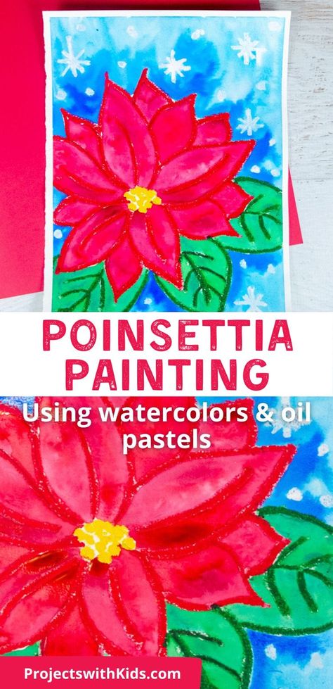 2nd Grade Christmas Crafts, Poinsettia Painting, Poinsettia Art, Watercolor Christmas Art, Christmas Elementary, Christmas Art For Kids, Holiday Art Projects, Winter Art Lesson, Art Project For Kids