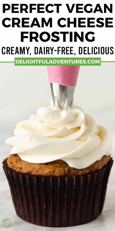 Learn how to make vegan cream cheese frosting that can be piped and is the best for topping or filling cupcakes, carrot cake, cookies, cinnamon rolls, whoopie pies, and more! Yes, it’s possible to make a great dairy-free cream cheese icing is nut-free (that's right, no cashews!). Dairy Free Carrot Cake Frosting, Non Dairy Cream Cheese Frosting, Df Cream Cheese Frosting, Dairy Free Icing For Cupcakes, Lactose Free Cream Cheese Frosting, Vegan Icing Frosting, Cream Cheese Frosting For Cake, Dairy Free Icing Recipe, Dairy Free Cream Cheese Icing