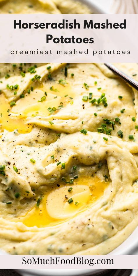 These ultra creamy Horseradish Mashed potatoes are the perfect side dish recipe! Perfect for the holidays or any time a potato craving hits. French Mashed Potatoes, Easy Vegetarian Sides, Horseradish Mashed Potatoes, Sour Cream Mashed Potatoes, Creamy Horseradish, Easy Mashed Potatoes, Fancy Dinner Recipes, Potato Recipes Side Dishes, Making Mashed Potatoes