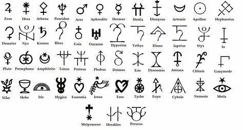 Chart with symbols for Hellenic Gods. Symbols For Aphrodite, Athena Symbolism, Symbol For Goddess, Tiny Greek Mythology Tattoos, Greek Mythology Tattoos With Meaning, Eris Symbol, Greek Gods Chart, Symbol For Aphrodite, Thanatos Symbol