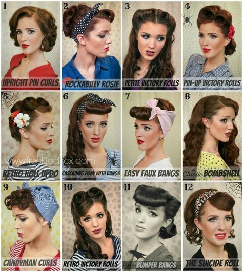 The Freckled Fox: Easy Retro Costume Ideas - an oldie, but a goodie Stile Pin Up, Cabelo Pin Up, Pinup Hair Tutorial, Retro Hairstyles Tutorial, Vintage Hairstyles Tutorial, 1950s Hairstyles, 50s Hairstyles, Hairstyle Names, Rockabilly Hair