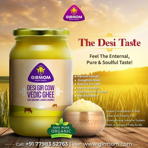 Desi Ghee Creative Ads, Ghee Creative Ads, Gir Cow, Cow Products, Organic Ghee, Organic Packaging, Cow Ghee, Food Flyer, Etsy Shop Banner