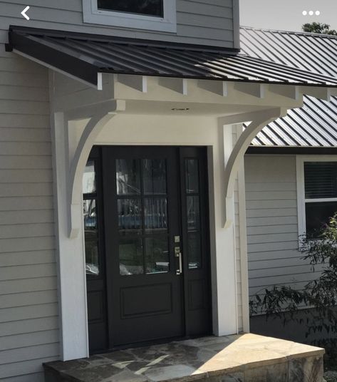 Front Overhang Entrance, Overhang For Garage Door, Farmhouse Portico Entry, Front Door Peaked Roof, House Awnings Front Door, Arbor Over Front Door Entrance, Front Door Roof Overhang Entrance, Shed Portico, Awning Over Front Door Entrance