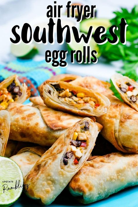 Air fryer southwest egg rolls make a tasty appetizer - just like Chilis egg rolls! Chicken combines with corn, beans, onions, cheese and spicy Tex Mex seasoning for an easy to make homemade egg roll. Dip these homemade egg rolls in guacamole or ranch dip for a restaurant quality appetizer at home. Chilis Egg Rolls, Egg Roll Dip, Egg Rolls Chicken, Southwest Egg Rolls, Southwestern Egg Rolls, Homemade Egg Rolls, Air Fryer Oven Recipes, Air Fry Recipes, Egg Roll Recipes