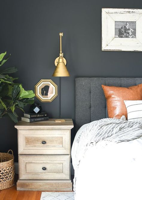 Dark and Moody Modern Farmhouse Bedroom. #highcontrast #modernfarmhouse #bedroom Iron Ore Sherwin Williams Bedroom, Iron Ore Bedroom, Iron Ore Sherwin Williams, Dark And Moody Bedroom, Black Accent Walls, Dark Paint Colors, Modern Farmhouse Bedroom, Moody Bedroom, Bedroom Updates