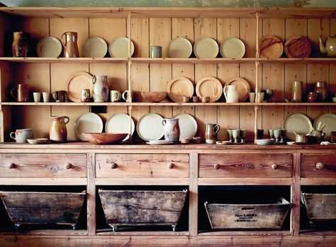 How to style a simple country kitchen | House & Garden French Kitchen Furniture, Simple Country Kitchen, European Country Kitchen, Old Fashioned Clock, Vintage Food Posters, Farmhouse Kitchen Decor Ideas, Pantry Cupboard, Open Cabinets, Timber Beams