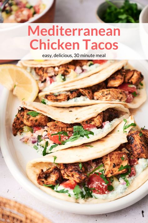 Mediterranean Chicken Pita Tacos, Mediterranean Recipes With Pita Bread, Greek Tacos Chicken, Dinners With Pita Bread, Mediterranean Tacos Recipes, Recipes With Pita Bread Dinners, Mediterranean Diet Easy Recipes, Pita Bread Meals, Chicken Pita Tacos