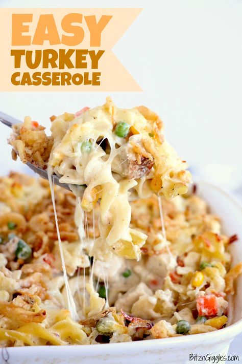 Easy Turkey Casserole - A cheesy casserole filled with turkey and vegetables and topped with crunchy, French fried onions! #bitzngiggles #turkey #leftoverturkey #Thanksgiving #casserole Easy Dinner Recipes With Turkey Meat, Crockpot Recipes With Turkey, Turkey Meat Casserole Recipes, Cheesy Turkey Casserole, Cheesy Turkey Burger Casserole, Turkey Casserole Recipes Easy, Leftover Turkey Recipes Easy Casserole, Turkey Burger Casserole, Turkey Casserole Recipes