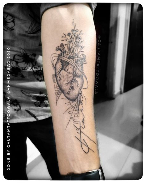 Tattoo : #heart #hearttattoo #love #tattoo 💪 Needless : 3RL 9RM n tips Color : black n white high light Timing :5:30 hr . #tattoowala #singleneedle #singleneedletattoo #fineline #gautamtattoowala #tattooidea #tattoolovers #tattoostyle #inkart #inkedmag #ink #instagood #instagram #tattoostudioinahmedabad #tattooshop #gautam #wifenametattoo #tattooforlove #flowers #flowertattoo #heartwithflowers . Add : FF-50, nakshatra arcade, IOC rd, chandkheda, Ahmedabad, Gujarat. (382424) +917405743426 Line Tattoo Heart, Heart Realistic, Realistic Heart Tattoo, Heart Flower Tattoo, Realistic Heart, Finger Tattoo For Women, Single Needle Tattoo, Tattoo Heart, Tattoo Name