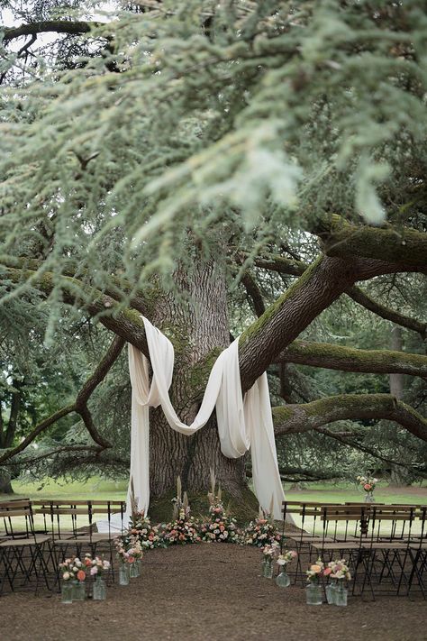 Chateau de Siradan Wedding Award Weddings Tree Ceremony Drapes Flowers Aisle #wedding #ceremony #aisle Wedding Tree Drapery, Aisle Rug Wedding, Non Traditional Wedding Altar, Intimate Wedding Aisle, Small Wedding Aisle Ideas, Tree House Wedding Ideas, Tree Draping Wedding, Tree Altar Wedding, Willow Tree Ceremony