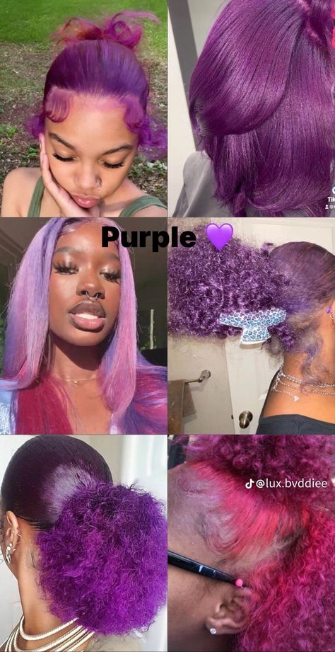 Different Hair Colors On Black Women, Colors To Dye Your Hair Dark Skin, Dyed Natural Hair Purple, Pink And Purple Dyed Hair, Colors To Dye Your Hair Light Skin, Purple Hair Dye Black Woman, Hair Color Ideas Bright Colors, Dark Hair Dye Color Ideas, How To Dye My Hair