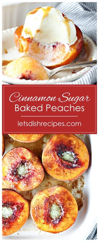 Cinnamon Sugar Baked Peaches Recipe -- Fresh peaches are halved, sprinkled in brown sugar and spices, then baked until tender in this easy, delicious dessert. Don’t forget the vanilla ice cream! Peach Recipes Fresh Peaches, Ranch Wife Recipes, Baker By Nature Recipes Desserts, Southern Recipes Main Dishes, Dinner Date Dessert Recipes, Roommate Dinner Ideas, Peach And Ice Cream Dessert, Easy Romantic Dessert For Two, Summer Seasonal Recipes