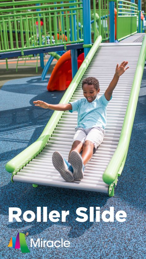 The Miracle® Roller Slide offers a tactile component combined with both movement — activating the vestibular sense — and sensation to muscles and joints, providing proprioceptive input. It's a new way to slide! Slide Tackle, Roller Slide, Gym Roller, Proprioceptive Input, Extreme Activities, Playground Structures, Awesome Furniture, Playground Slide, Kids Feelings