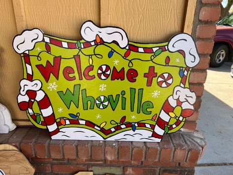 Easy Whoville Decorations, Whoville Characters Clipart, Outside Whoville Decorations, Who Ville Village, Whoville Wood Cutouts, Grinch Cardboard Cutout, Whoville Float Ideas, Welcome To Whoville Sign Printable, Welcome To Whoville Sign Diy