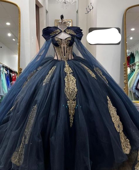 Blue And Gold Princess Dress, Blue And Gold Ballgown, Prom Dresses Blue And Gold, Navy And Gold Quinceanera Dresses, Navy Blue Xv Dresses, Quinceanera Dresses Navy Blue And Gold, Sweet 16 Blue Dresses, Royal Blue And Gold Quince Cake, Quinceanera Dresses Blue And Gold