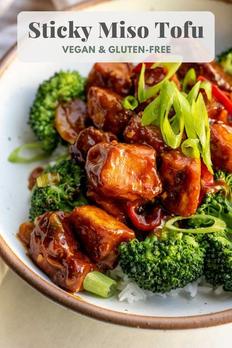 Sweet, savory sticky miso tofu. A budget-friendly, high-protein, umami-rich dish that is easy to put together for a weeknight meal. Protein Entrees, Miso Tofu, Veggie Entrees, Sticky Tofu, Miso Recipe, Healthy Vegan Dinner Recipes, Board Mood, Tofu Vegan, Healthy Vegan Dinner