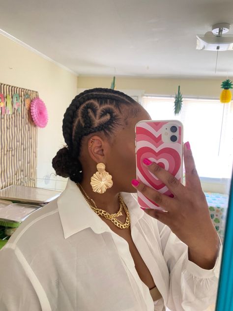 6 Cornrows With Heart, Corn Rolls With Heart, Heart Straight Back Braids, Heart On The Side Braids, Braided Bun With Heart, Braids With Heart On The Side, How To Do Heart Braids, Braided Heart Hairstyles Black Hair, Star Cornrows Braids