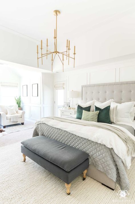 Using scarves and accessories in Bedroom Decor #bedroomdecor #bedroomdesign #masterbedroom #neutralbedroom Gray Tufted Headboard, Chandeliers Bedroom, Bedroom Chandeliers, Designer Bedrooms, Bedroom Scandinavian, Best Bedroom Designs, Designer Bedroom, Lighting Stores, Bedroom With Sitting Area