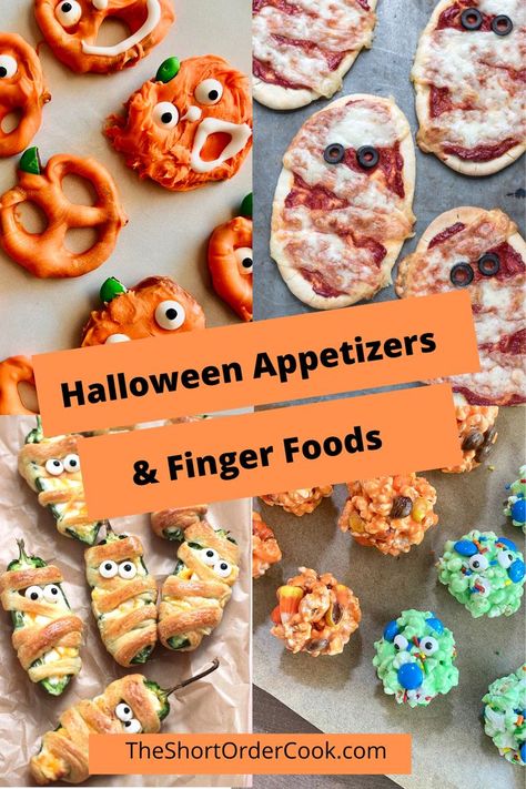 Recipes for mummy pizzas or poppers plus pumpkin pretzels and popcorn balls. Best Party Foods, Finger Foods Ideas, Halloween Veggie Tray, Appetizers Finger Foods, Fun Appetizers, Spicy Chili Recipe, Easy Halloween Party Food, Halloween Finger, Halloween Finger Foods