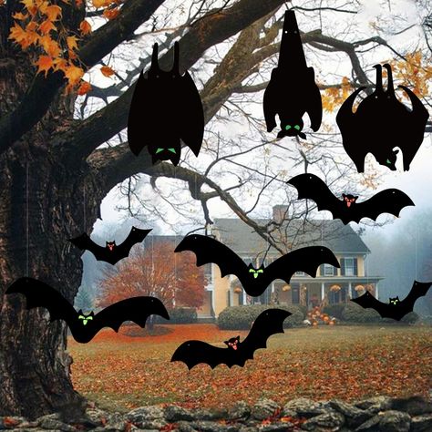 PRICES MAY VARY. [Spooky Aesthetic Halloween Bats Set] This pack of Halloween hanging bats is a must-have for a festive setting.It including 9 pieces with 6 shaped bats,3 sheet glow in the dark DIY eye stickers, 10 pairs eyeballs and 1 rolls of fishing string. [Durable & Weatherproof] These Halloween black bats yard signs are made of high quality plastic PP board.Compared with cardboard and corrugated boxes,it has good waterproof performance. Will not be damaged during wind and rain when used ou Signs For Door, Garden Front Porch, Hanging Bats, Bat Decorations, Halloween Decorations Outdoor, Halloween Bat Decorations, Hanging Bat, Bats Halloween, Home Yard