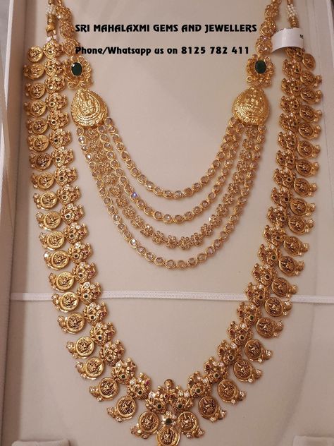 Grand jewellery collection #GoldJewelleryAntique Jewelry Design Haram Gold, Molagolusu Gold Designs, 2 In 1 Haram And Vaddanam, Grand Jewellery, Kasulaperu Jewellery, Long Haram Gold Jewellery Designs, Gold Necklace Set Bridal, Bridal Gold Necklace, Gold Necklace Bridal